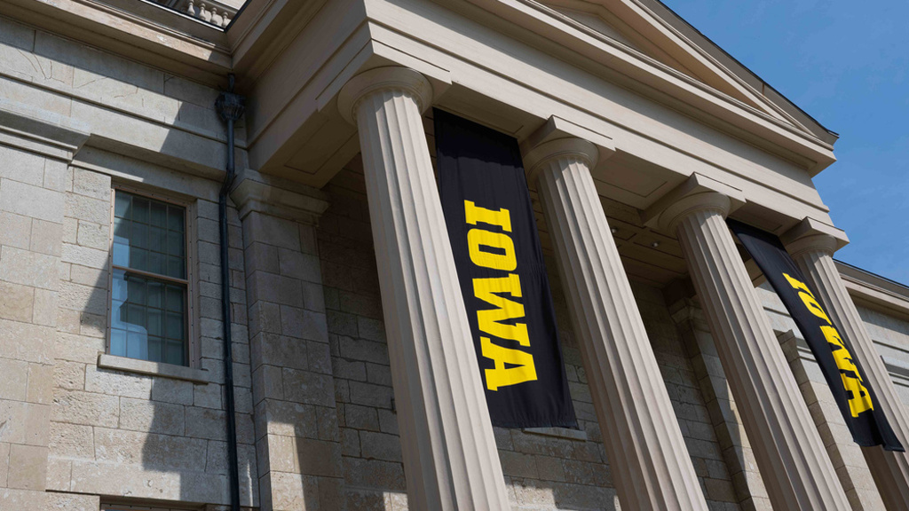 IOWA banners hanging in front of the Old Capitol building